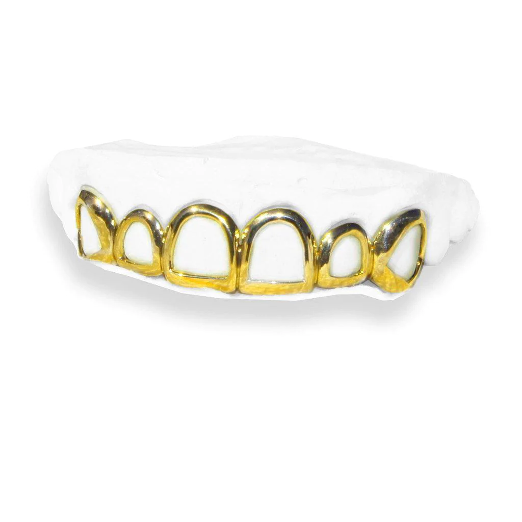 Set yourself apart with these trendy grillz. This unique style features a classic six tooth gold grill with an open face.