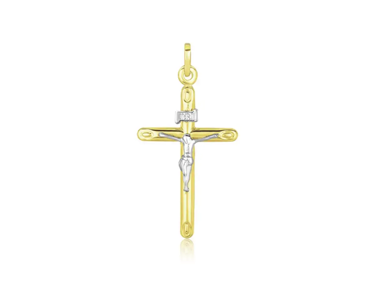 This cross pendant is crafted in 14k two tone gold.