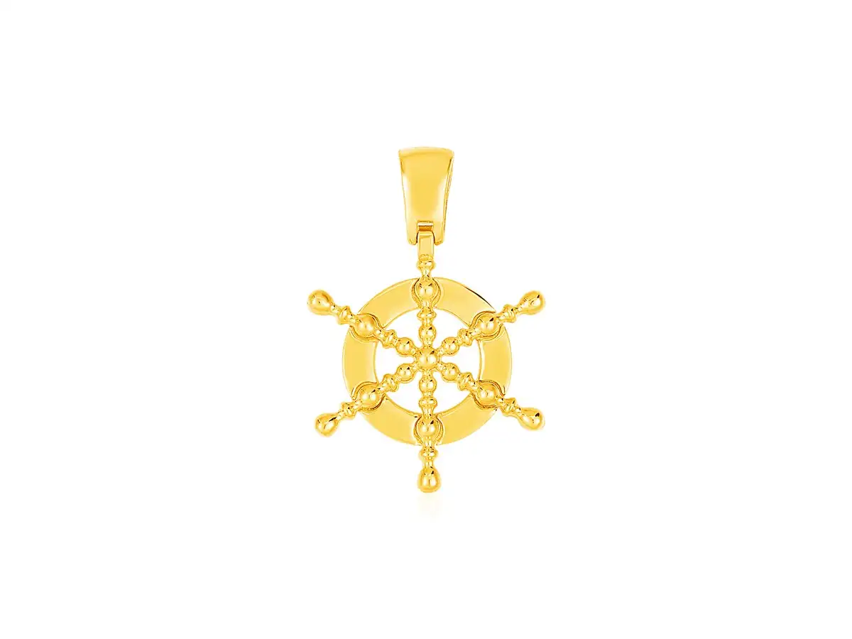 This classic ship's wheel pendant shines with the modern brilliance of polished 14k yellow gold.
