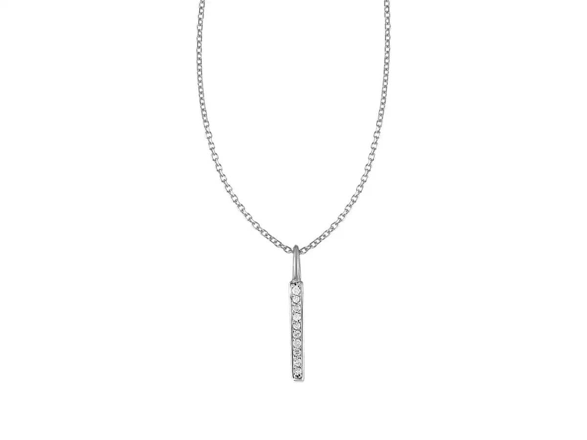 A classic and beautiful bar with diamonds decorates this elegant 14k white gold pendant.