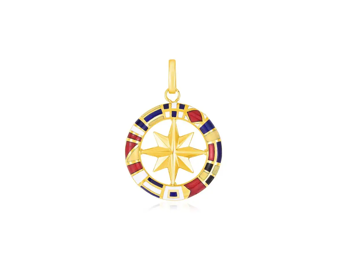 Colorful enameled nautical flag symbols surround a classic compass shape in this unique 14k yellow gold pendant.