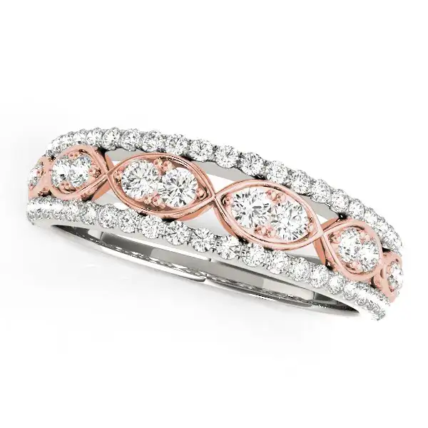 Featuring double diamonds in each infinity design, this diamond wedding band has additional stones on the edges. Made
                   of 14k white and rose gold.