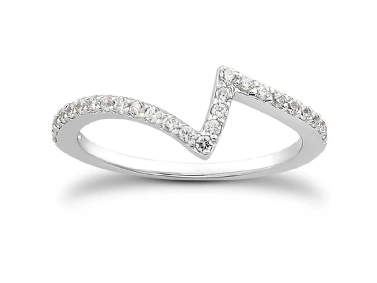 The zig zag design brings artistic appeal to this unique diamond wedding ring. Expertly crafted in 14k white gold, the pave 
              set diamonds extend across the front of the band.