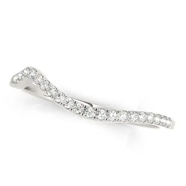 A delightfully enchanting wedding band featuring pave set diamonds and a stylish curved look. Made of 14k white gold.