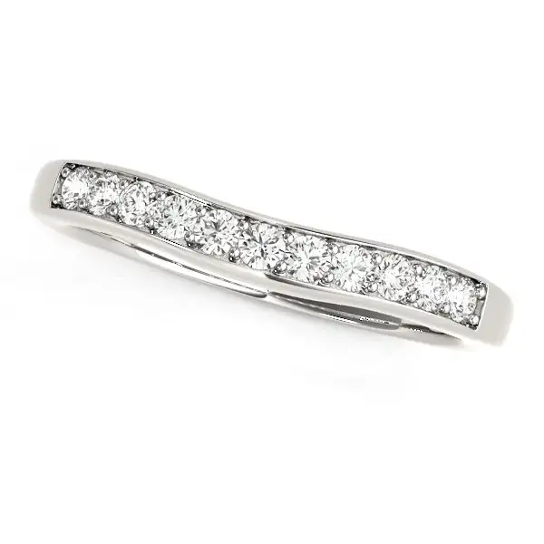 A gorgeous channel set diamond wedding band with an upper section showcasing a slight curve. Made of 14k white gold.